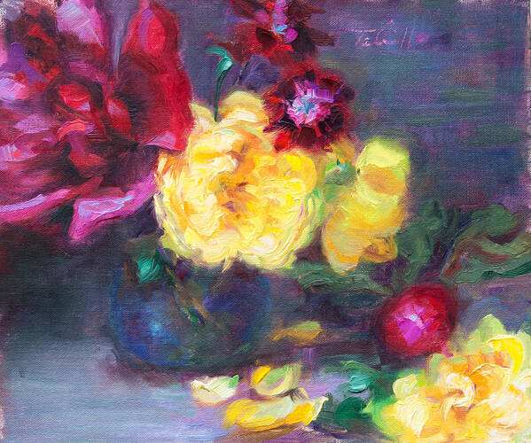 Still Life Poster featuring the painting Lemon and Magenta - flowers and radish by Talya Johnson