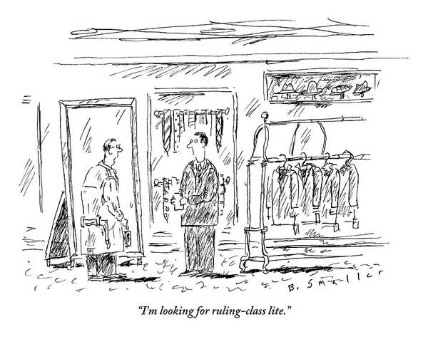 
Men's Clothing Stores Poster featuring the drawing Man Speaks To Salesman In A Men's Clothing Store by Barbara Smaller