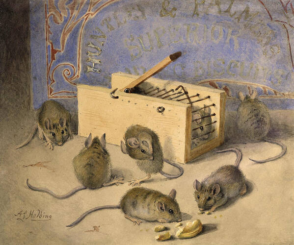 Mice Poster featuring the painting Mice and Huntley Palmers Superior Biscuits by Agnes Louise Holding