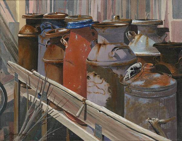 Old Poster featuring the painting Milk Cans by John Wyckoff