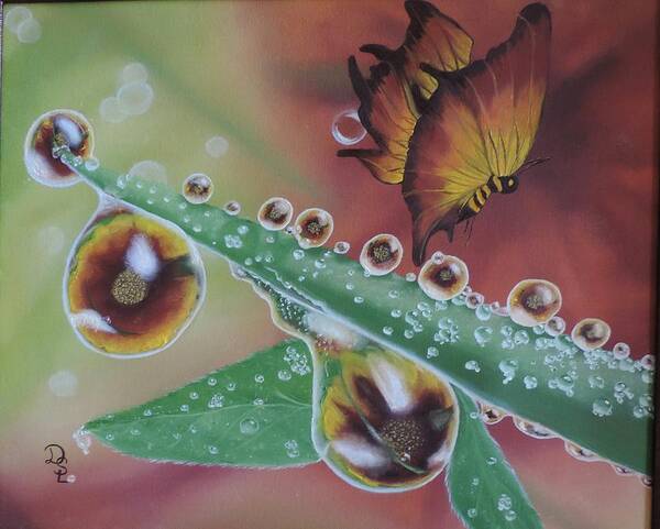 Bubbles Butterfly Wild Life Nature Flowers Plants Golds Insects Sunflowers Dewdrops Golds Reds Greens Macro Reflections Waterdrops Poster featuring the painting Morning Dew by Dianna Lewis
