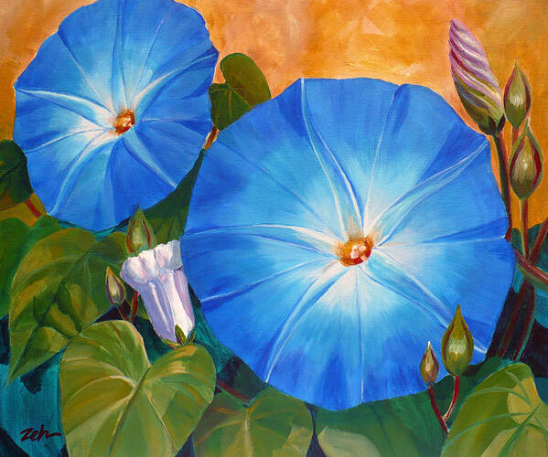 Morning Glories Poster featuring the painting Morning Glories by Janet Zeh