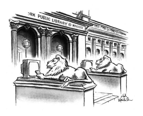 (two Lion Statues On The Steps Of The New York Public Library Are Depicted Holding Remote Controls And Watching Tv)
Leisure Poster featuring the drawing New Yorker February 1st, 1993 by Ed Fisher