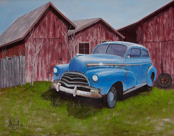 Car Poster featuring the painting Old barn clunker by Alex Izatt