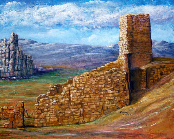 Ruins Poster featuring the painting Old Mission Landscape New Mexico by Lenora De Lude