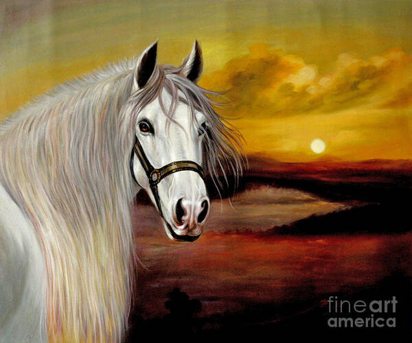 Original Poster featuring the painting Original Oil Painting Animal Art-horse In Sunset #015 by Hongtao Huang
