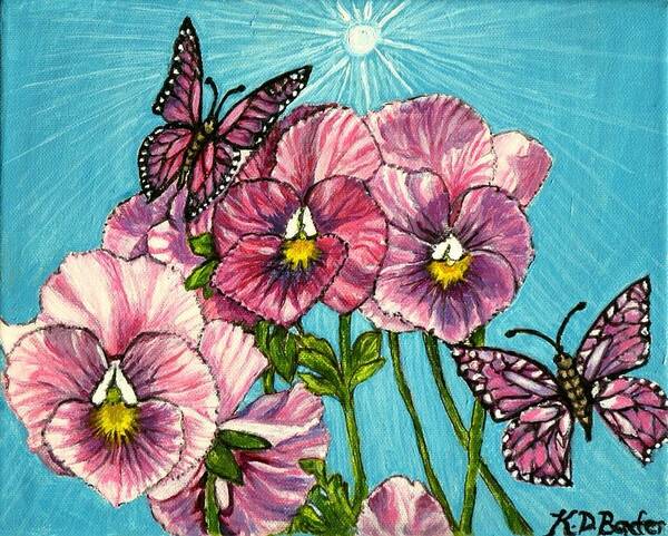 Nature Scene For Easter Pink Coral Petals Yellow With Touch Of Black On Flower Heads Pansies Like Pinwheels White Grayish Blue Sunlight Magical Whimsical Pink Butterflies Canvas Painting Poster featuring the painting Pansy Pinwheels and the Magical Butterflies by Kimberlee Baxter