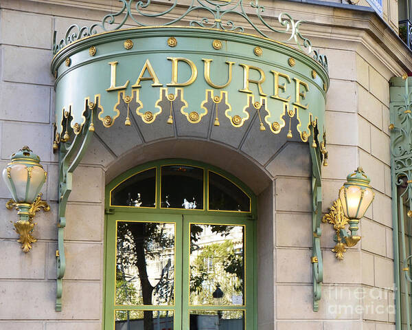Paris Poster featuring the photograph Paris Laduree Door Sign - Romantic Paris Laduree Green and Gold Door Sign and Lamps by Kathy Fornal