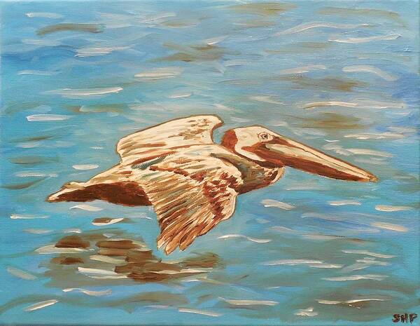 Pelican Poster featuring the painting Pelican Skimming by Stacey Pollio