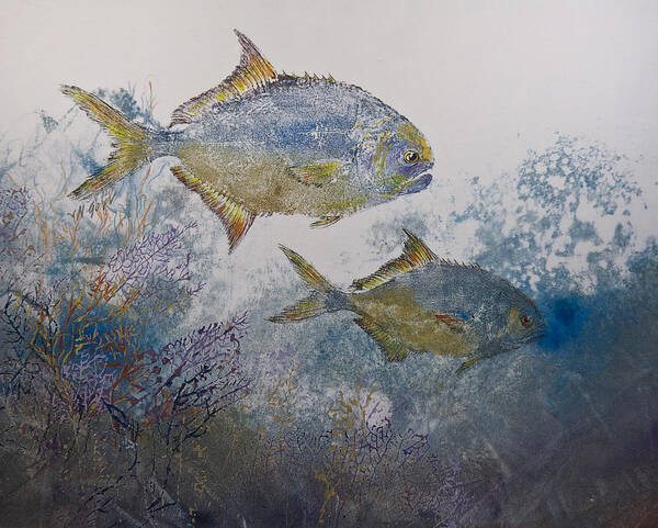 Fish Poster featuring the mixed media Pompano And Sea Fans by Nancy Gorr