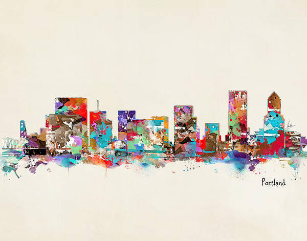 Portland Oregon Poster featuring the painting Portland Skyline Oregon by Bri Buckley