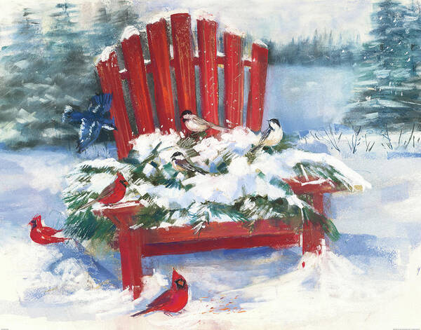 Adirondack Chair Poster featuring the painting Red Chair In Winter by Carol Rowan