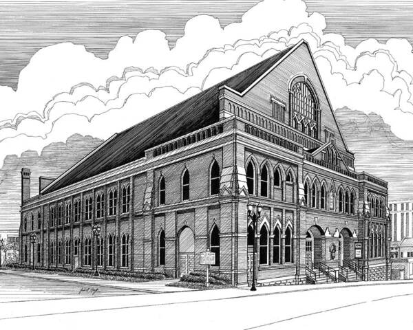 Architecture Poster featuring the drawing Ryman Auditorium in Nashville TN by Janet King