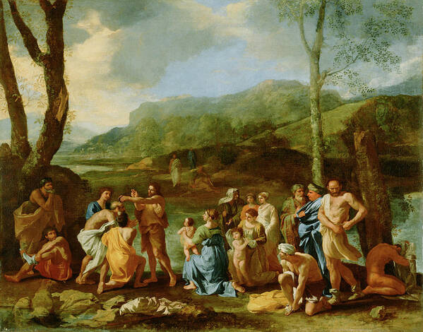 Saint John Poster featuring the painting Saint John Baptizing In The River Jordan Nicolas Poussin by Litz Collection