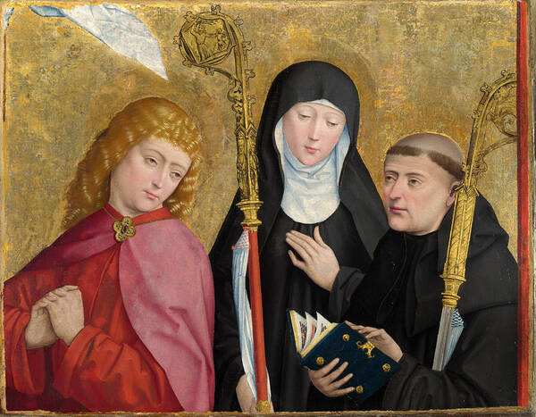 Master Of Liesborn Poster featuring the painting Saints John the Evangelist Scholastica and Benedict by Master of Liesborn