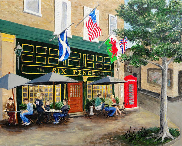 Pub Poster featuring the painting Six Pence Pub by Marilyn Zalatan