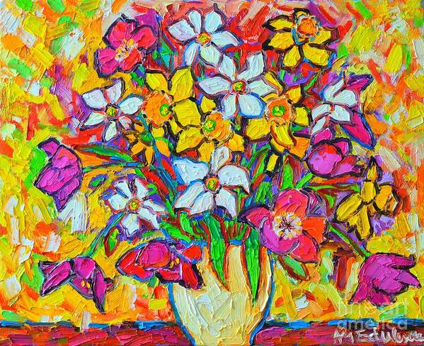 Daffodil Poster featuring the painting Spring Flowers Bouquet Colorful Tulips And Daffodils by Ana Maria Edulescu