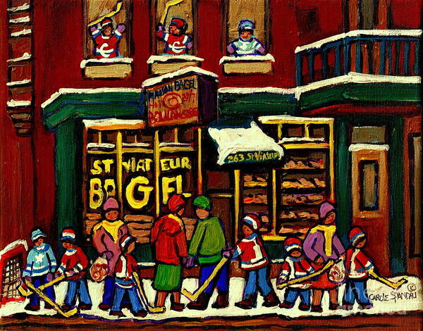 St.viateur Bagel Poster featuring the painting St Viateur Bagel Shop Deli Corner Depanneur Montreal Landmarks Hockey Art Paintings Carole Spandau by Carole Spandau