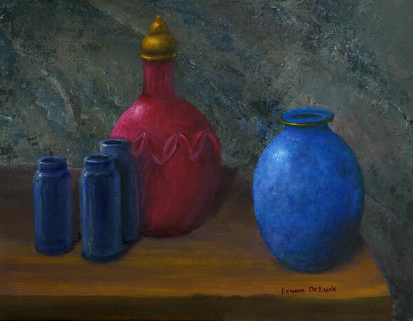 Stone Poster featuring the painting Still Life Art Blue and Red Jugs and Bottles by Lenora De Lude