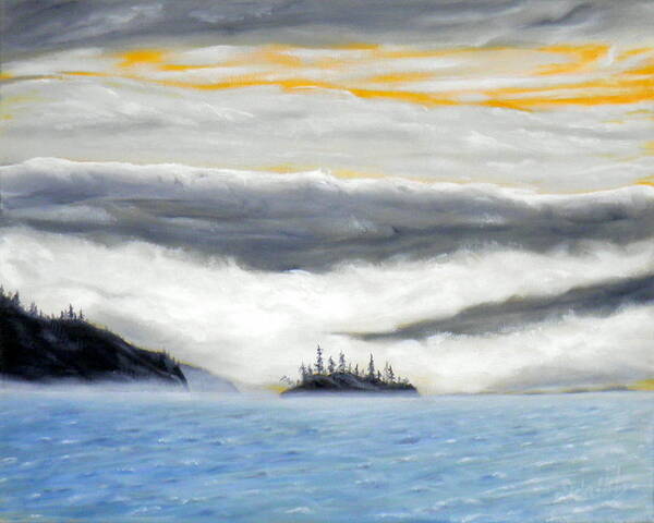 Clouds Light Dark Mist Mountains Islands Trees Forest Grey White Blue Yellow Orange Black Water Sky Poster featuring the painting Stormy Day by Ida Eriksen