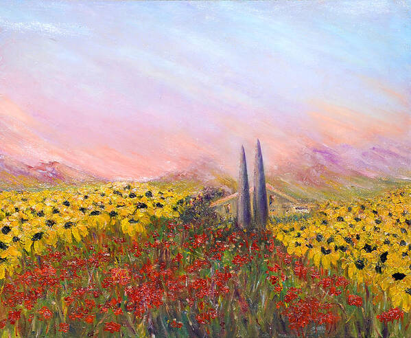  Poster featuring the painting Sunflowers And Poppies by Helen Kagan