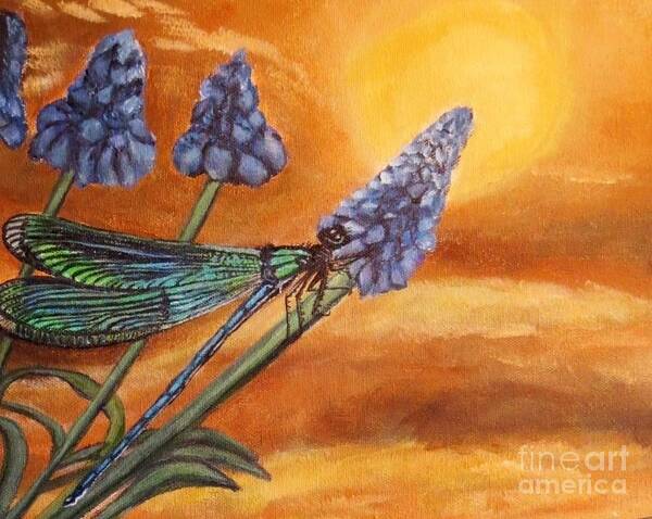 Nature Scene Aquatic Water Scene Ecology With Environmental Message For Conservation For Earth Day Blue Green Dragonfly Blue Prussian Blue Grape Hyacinths Golden Orange Sunset Acrylic Painting Poster featuring the painting Summer Sunset over a Dragonfly by Kimberlee Baxter