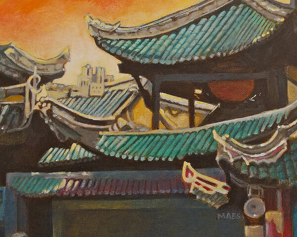 Walt Maes Poster featuring the painting Temple Roofs of China by Walt Maes