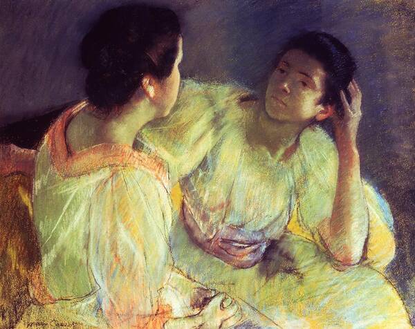 Belle Epoque; Female; Females; Friends; Listening; Friendship; Seated; Head In Hand; Impressionist; Advice; Care; Chatting; Confidante; Gossip; Discussion; Talking; Conversation Poster featuring the pastel The Conversation by Mary Stevenson Cassatt