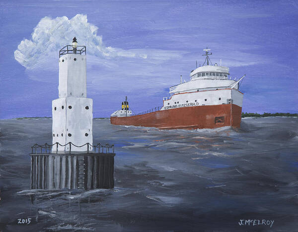Lighthouse Poster featuring the painting The Fitz Departs Escanaba by Jerry McElroy