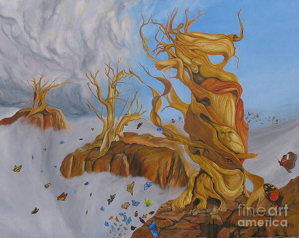 Bristle Cone Pine Tree Poster featuring the painting The Methuselah Tree And A Hundred Butterflies by Richard Dotson