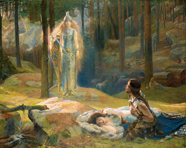 Gaston Bussiere Poster featuring the painting The Revelation. Brunhilde seeing Siegmund and Sieglinde by Gaston Bussiere