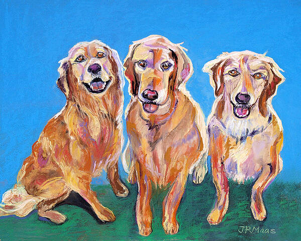 Golden Retrievers Poster featuring the pastel Three Playful Goldens by Julie Maas