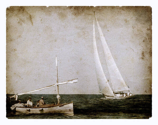 Photo Poster featuring the photograph Time at sea as old times - A vintage mediterranean boat called llaud and a modern sailboat salutes by Pedro Cardona Llambias