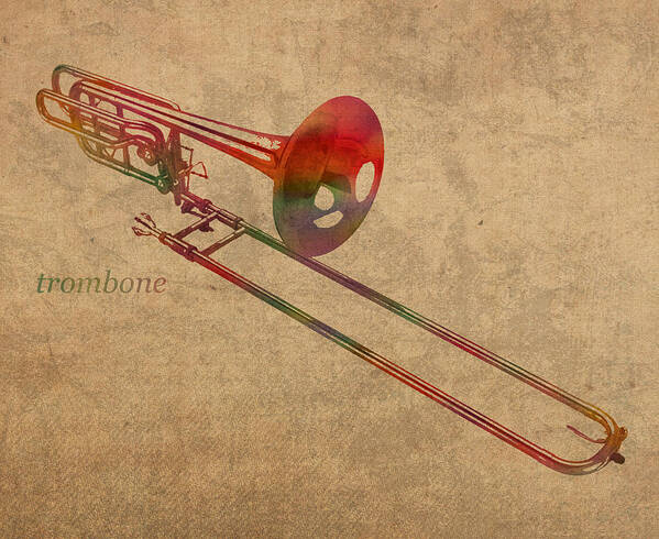 Trombone Poster featuring the mixed media Trombone Brass Instrument Watercolor Portrait on Worn Canvas by Design Turnpike