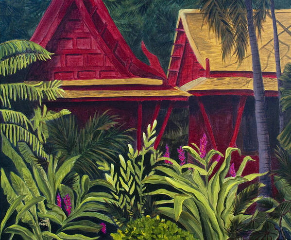 Tropical Painting Poster featuring the painting Tropical Getaway jungle with red bungalows Jim Thompson Museum painting by Jaime Haney