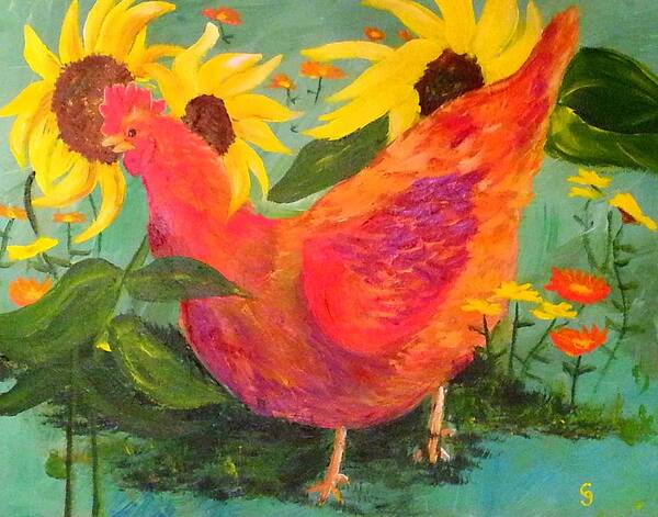 Rooster Paintings Poster featuring the painting Trouble by Cheryl Nancy Ann Gordon