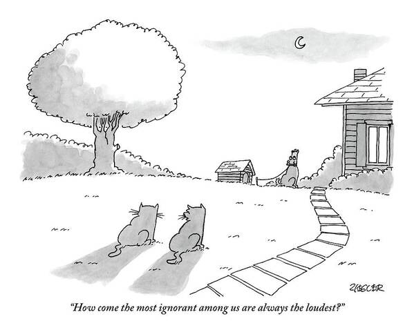 #condenastnewyorkercartoon Poster featuring the drawing Two Cats Sit On The Front Yard Remarking At A Dog by Jack Ziegler