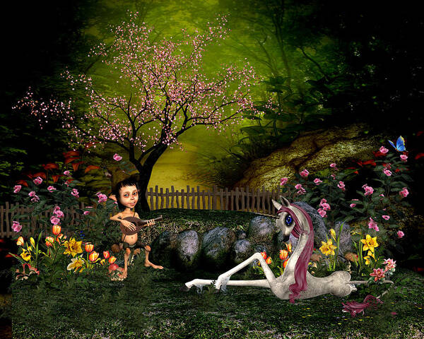  Unicorn Digital Art Poster featuring the digital art Unicorn in the garden by John Junek