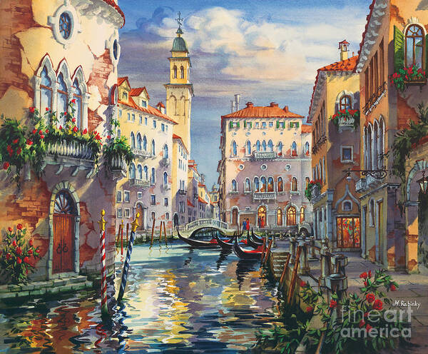 Venetian Canal Poster featuring the painting Venice before sunset by Maria Rabinky