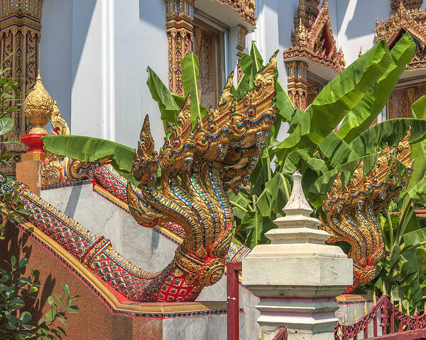 Temple Poster featuring the photograph Wat Dokmai Phra Ubosot Stair Naga DTHB1783 by Gerry Gantt