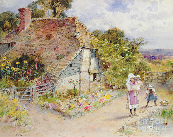 Country Cottage; Garden; Pond; Birds; Children; Baby; Mother; Female; Standing; Holding; Carrying; Feeding; Basket; Landscape; Rural; Countryside; Outdoors; House; English Architecture; Picturesque; Infant; Child; Duck; Victorian Costume; Leisure Poster featuring the painting Watching the Ducks by William Stephen Coleman