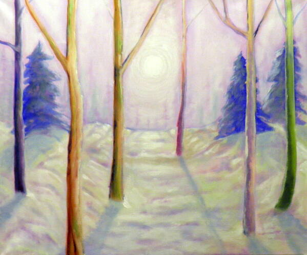 Trees Branches Sun Sunlight Shadows Snow Sky Orange Red Pink Violet Green Blue Yellow White Winter Landscape Poster featuring the painting Winter Light by Ida Eriksen