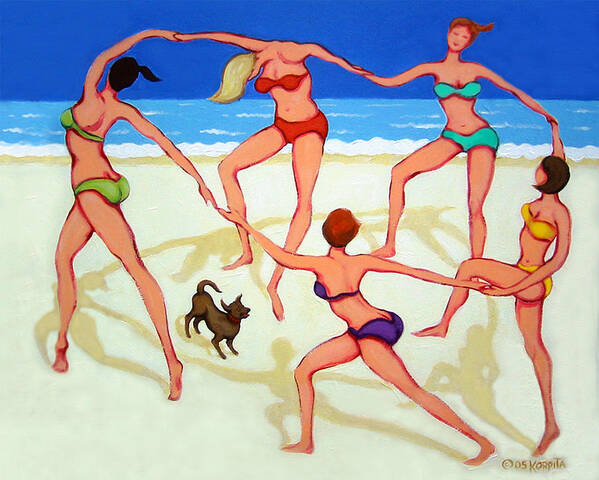 Women Dancing On Beach Poster featuring the painting Women Dancing on Beach - Happy Dance by Rebecca Korpita