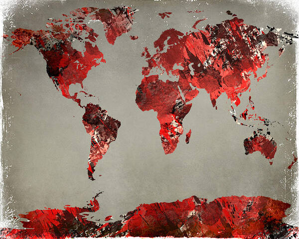 Popular Poster featuring the digital art World Map - watercolor red-black-gray by Paulette B Wright