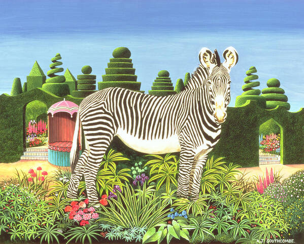 Zebra Poster featuring the painting Zebra In A Garden by Anthony Southcombe