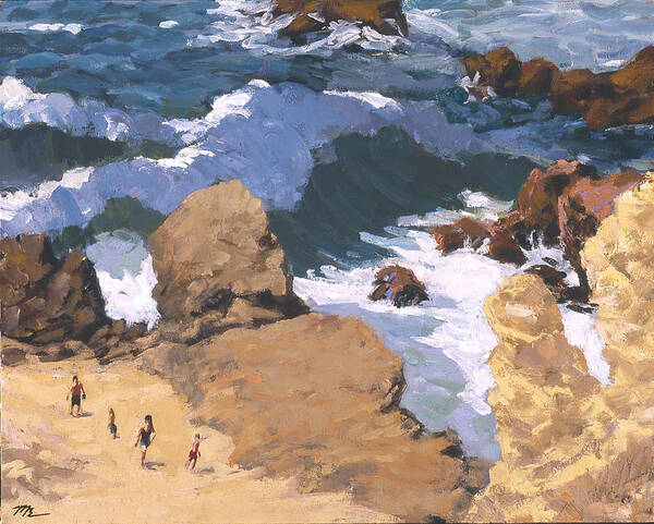Little Corona Beach Poster featuring the painting Big Surf at Little Corona by Mark Lunde