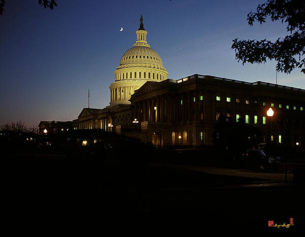 Scenic Poster featuring the photograph Conjunction of Moon Venus and Jupiter over the U S Capitol 15Q by Gerry Gantt