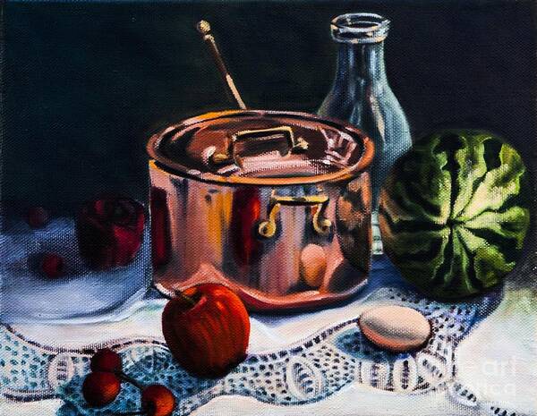 Copper Pot Poster featuring the painting Copper Pot with Fruit by Patricia Reed