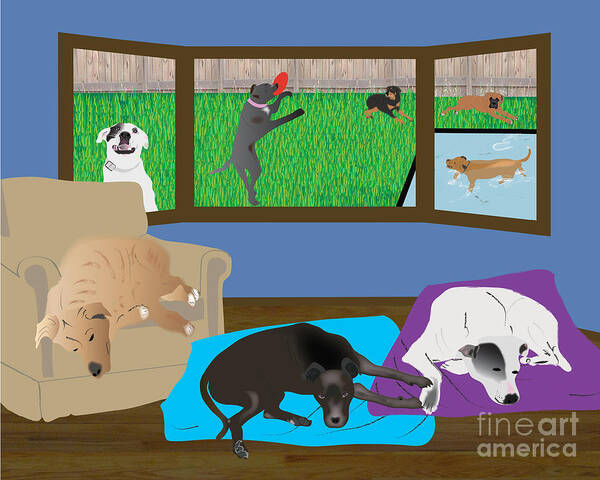 Dogs. Sleeping Poster featuring the digital art Home and Play by Cheryl Snyder