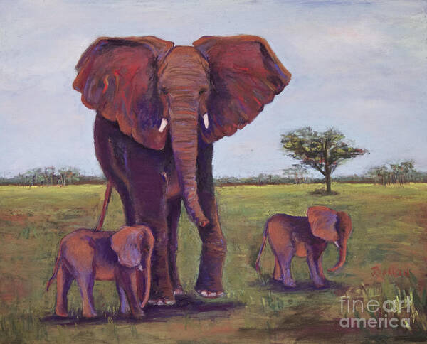 Elephant Poster featuring the pastel Mom With Kids by Joyce Guariglia